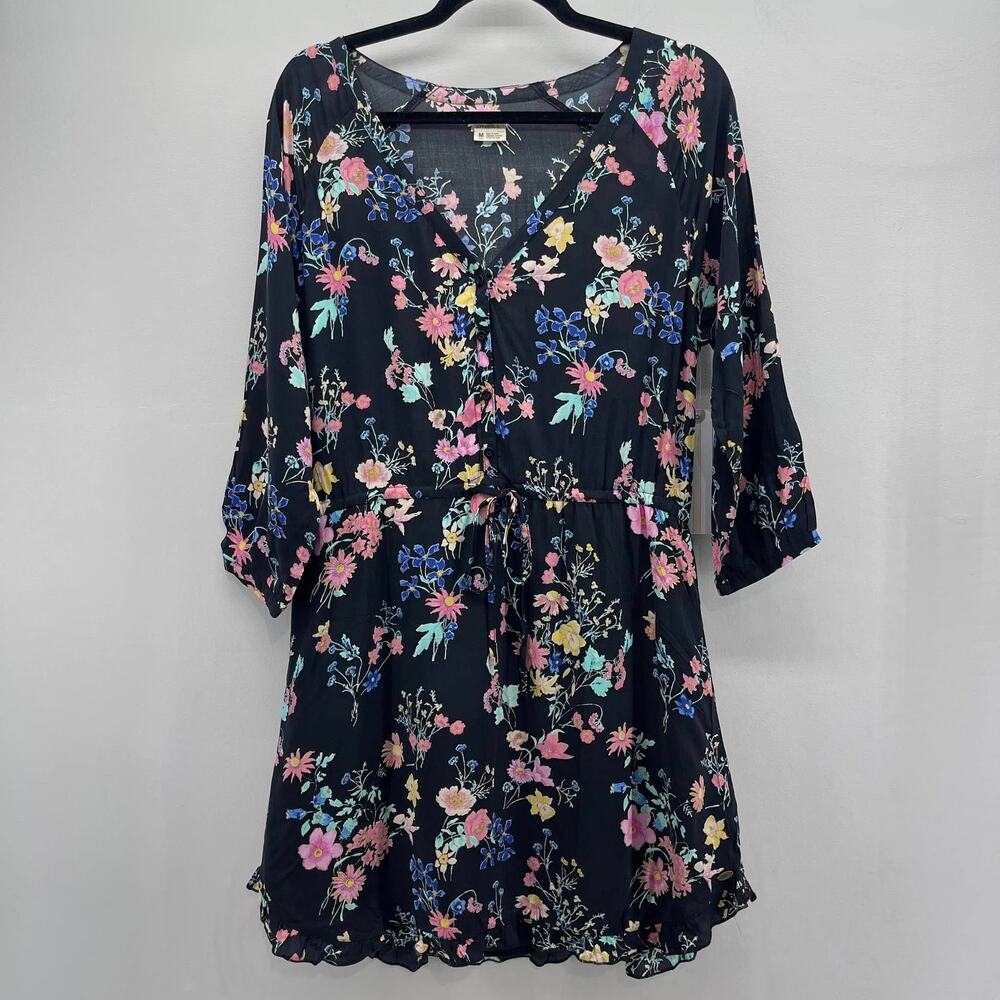 O'Neill Miki Henley Dress Womens Medium Black Floral 3/4 Sleeve‎ Vacation NWT